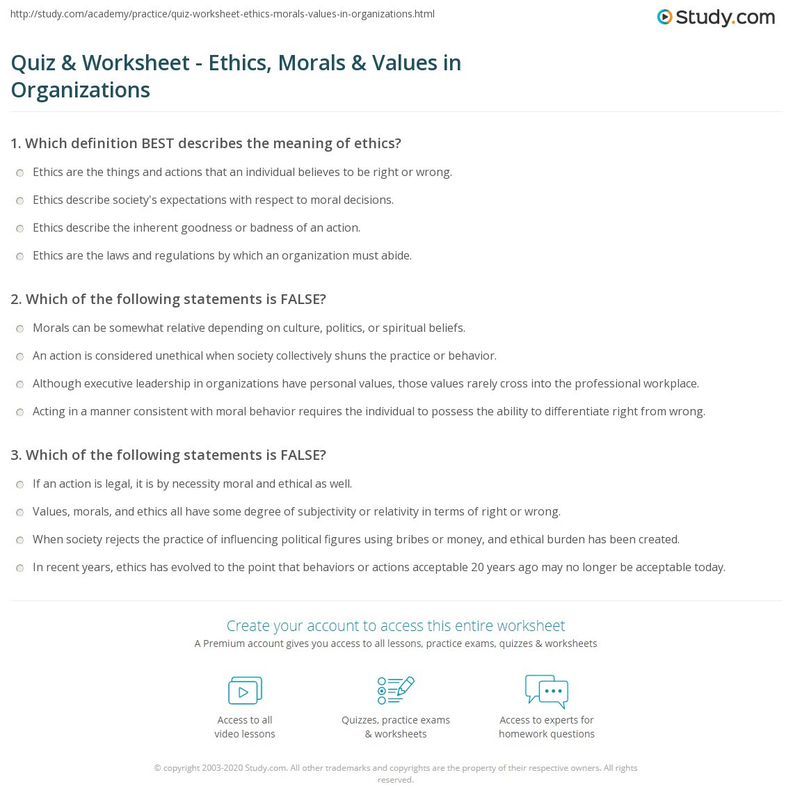 Quiz & Worksheet - Ethics, Morals & Values in ...
