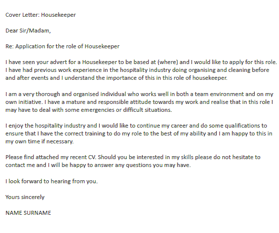 Housekeeper Cover Letter Example - icover.org.uk