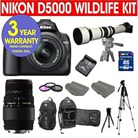 19 Piece Super Zoom Kit with Nikon D5000 12.3 MP DX Digital SLR Camera with 18-55mm f/3.5-5.6G VR Lens and 2.7-inch Vari-angle LCD + Sigma 70-300mm Telephoto Zoom Lens + Rokinon 650-1300mm Lens with 2X Converter Zoom Lens + 8 GB Memory Card + Multi-Coated 3 Piece Filter Kit + Extra High Capacity Li-Ion Battery + Back Pack Case + 57' Tripod + 6 Piece Camera Accessory Kit + 3 Year Celltime Warranty Repair Contract