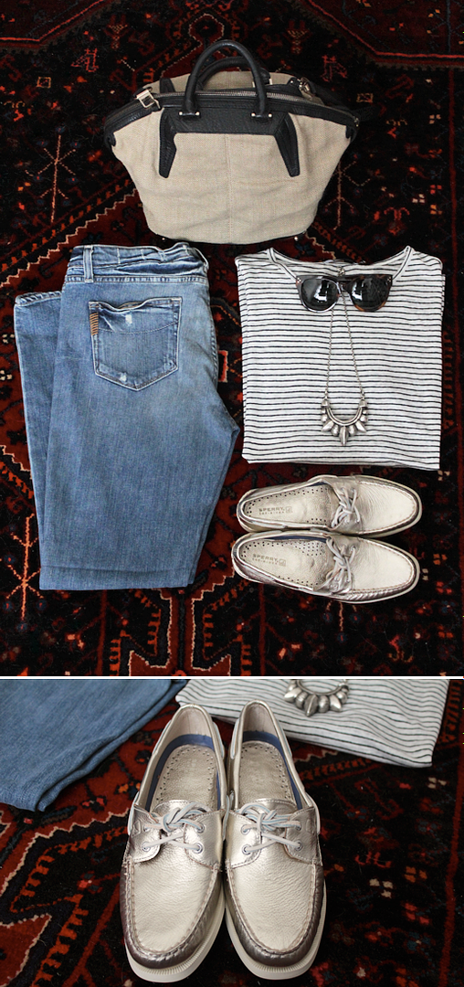 SPERRY TOP-SIDERS BOAT SHOES POST OUTFIT INSPIRATION PAIGE DENIM SKYLINE ANKLE JEANS METALLICS GOLD T BY ALEXANDER WANG LINEN STRIPED SHIRT BURLAP SMALL EMILE TOTE CELINE SUNGLASSES  PAMELA LOVE TRIBAL SPIKE SILVER NECKLACE OUTFIT BLOGGER