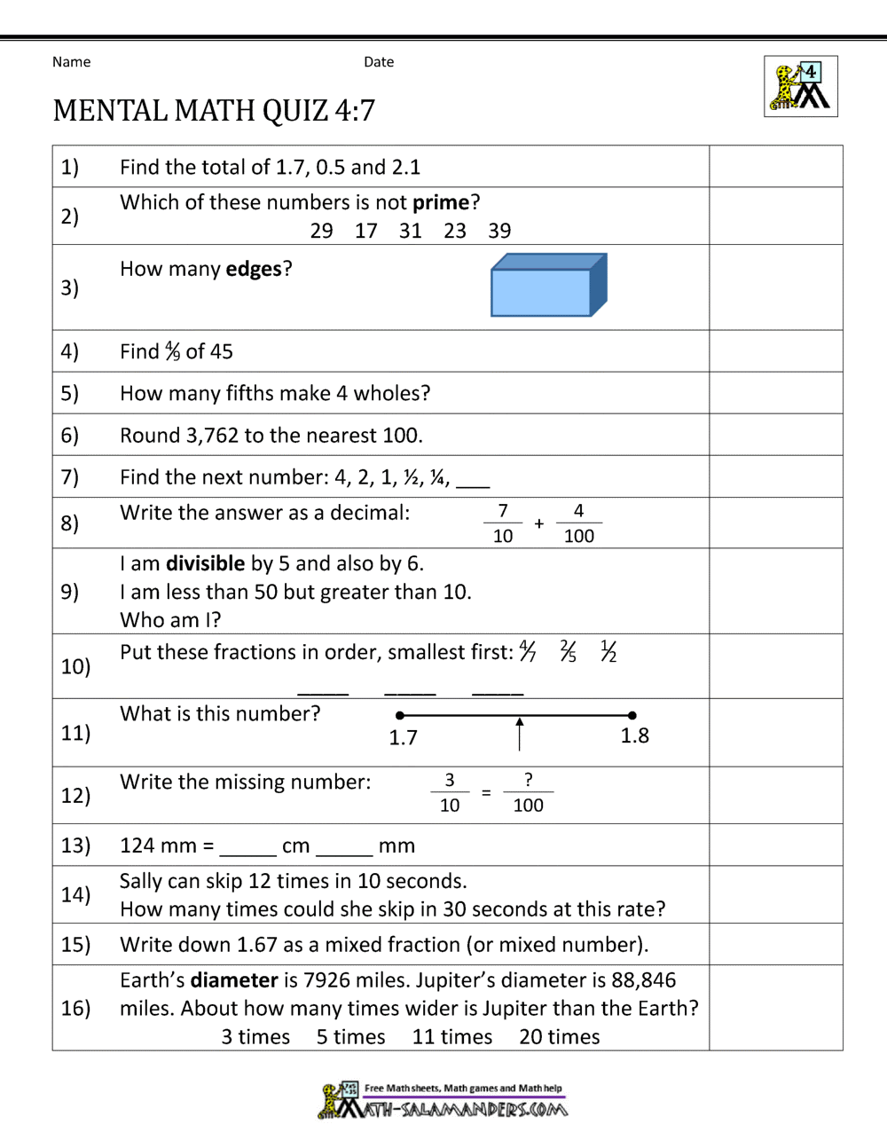 Mental Math 4th Grade