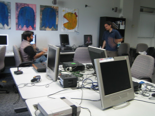 Michael Mateas talking to Manu in the Experimental Game Lab