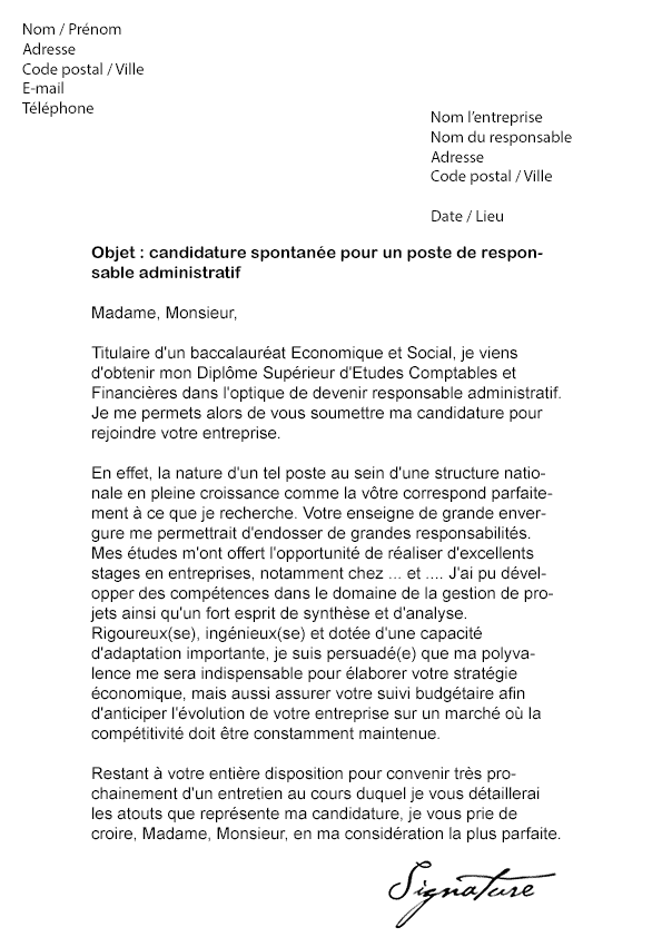 Lettre de motivation Responsable Administratif - Modèle de 