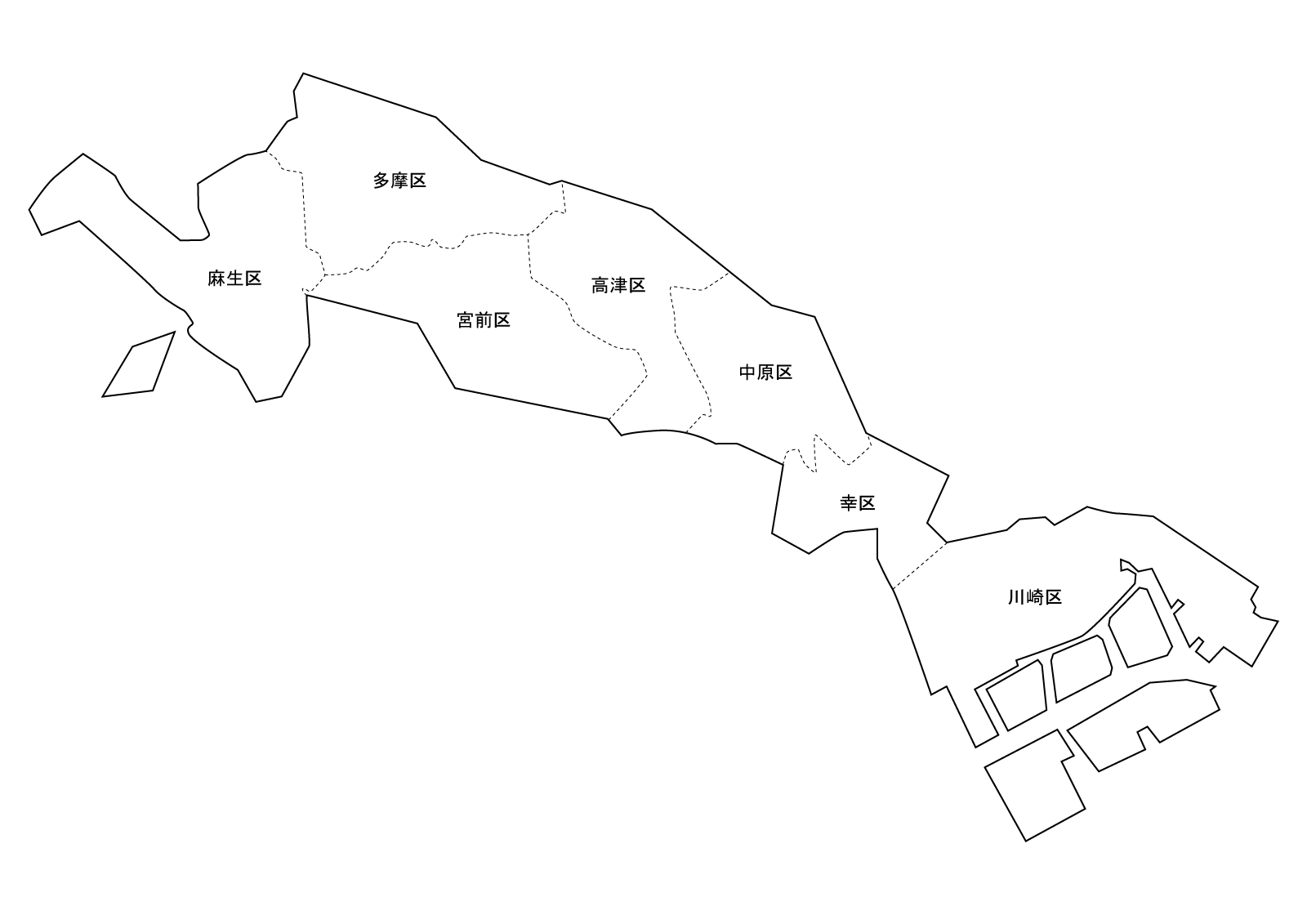 ちずそ 無料地図素材 川崎市区名入り白地図