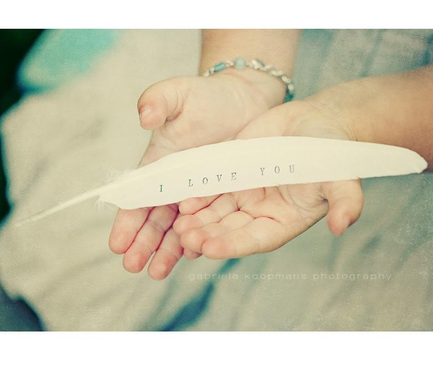 White Feather I Love You white dove feather romantic sea green shabby chic wedding favors diy wedding decor wedding gifts mint green