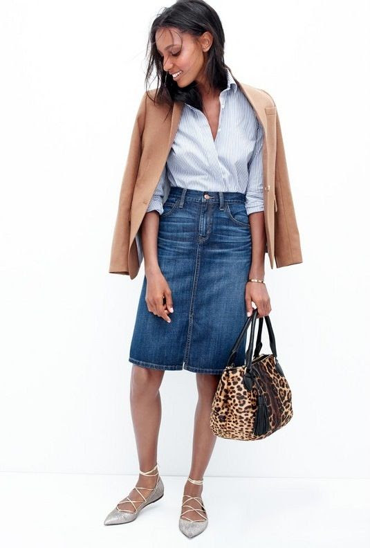 Le Fashion Blog Chic Easy Work Style Fall Looks Camel Blazer Striped Shirt Denim Skirt Leopard Bag Lace Up Flats Via JCrew