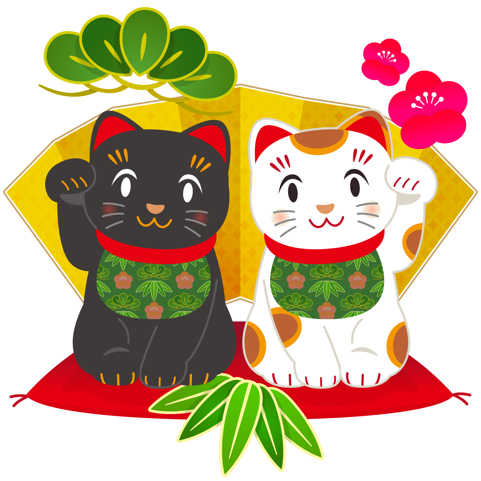 商用フリー 無料イラスト 招き猫白黒 白 左手上げ 黒 黒右手上げ 金屏風 松竹梅 商用ok フリー素材集 ナイスなイラスト