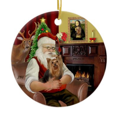 Santa and his Yorkie 7 Christmas Tree Ornaments
