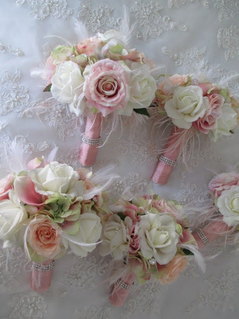 Great Gatsby Wedding Brooch Bridal Bridesmaid Glitz and Glam Bouquet with Blush Pink White Feathers Set
