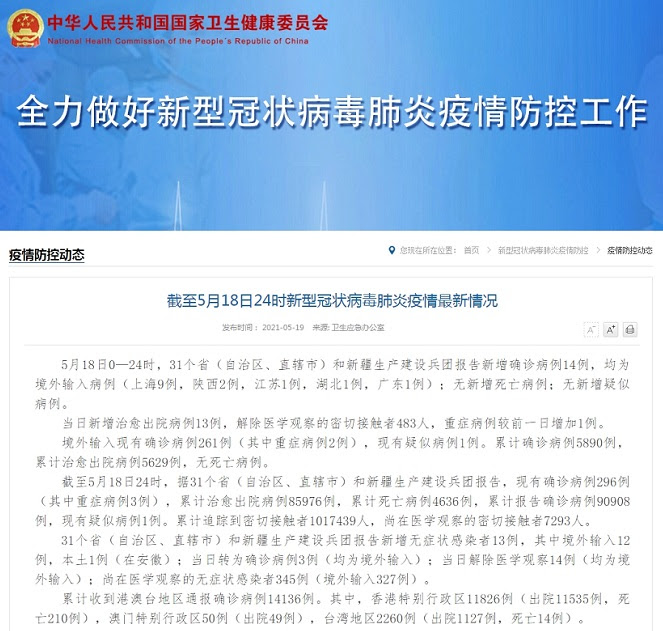 国家卫健委 5月18日新增新冠肺炎确诊病例14例均为境外输入病例 中国网客户端