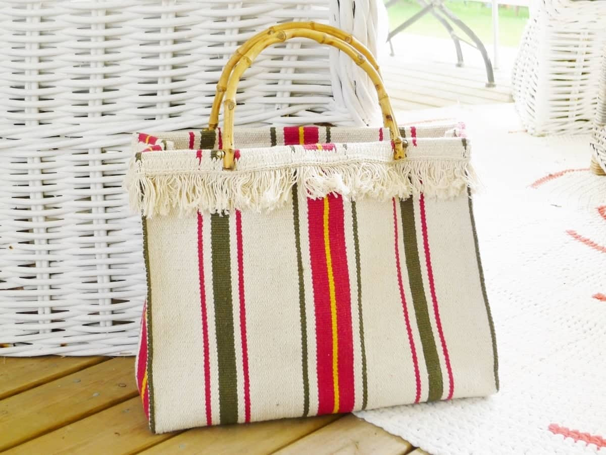 striped woven rug tote bag