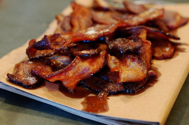 Bacon draining on a paper bag by Eve Fox, Garden of Eating blog, copyright 2013