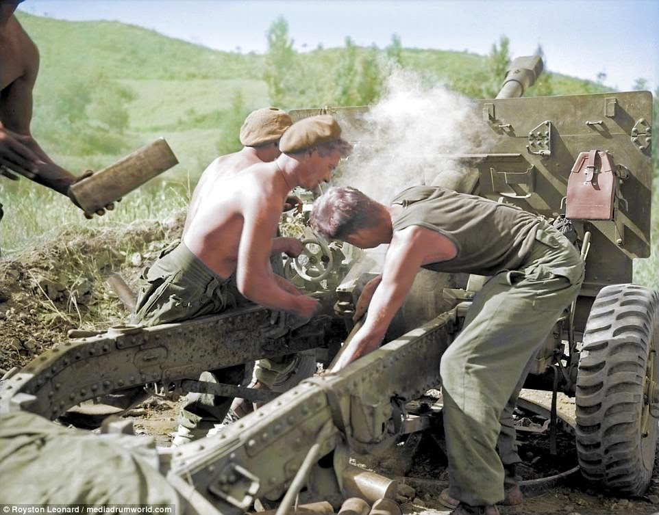 American troops made up 88 per cent of the ground forces used, though 21 nations contributed to the UN effort. Pictured above, Sergeant J M Bragg, Gunner D J Humphries and Gunner D J Kelly operating a 25 pounder during the first major offensive of the 1st British Commonwealth Division