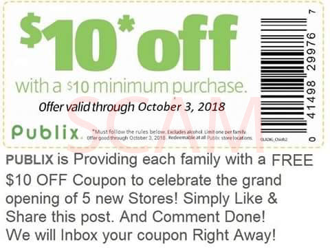 Publix is not giving away $10 off coupons on Facebook - Botcrawl