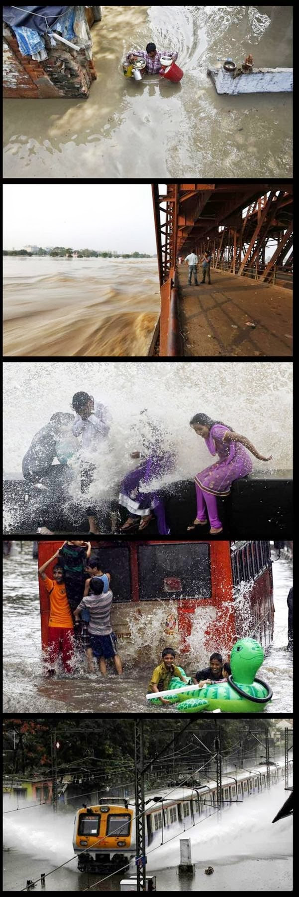 Sekalipun banjir menerjang kawasan permukiman, warga bersenang-senang bermain air banjir. Ini bukan adegan film India yang romantis dengan lagu-lagu mendayu gembira dan sedih.