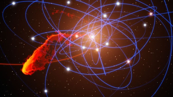 This simulation shows the G2 gas cloud/star during its close approach to the black hole at the center of the Milky Way. Image by ESO/MPE/Marc Schartmann.