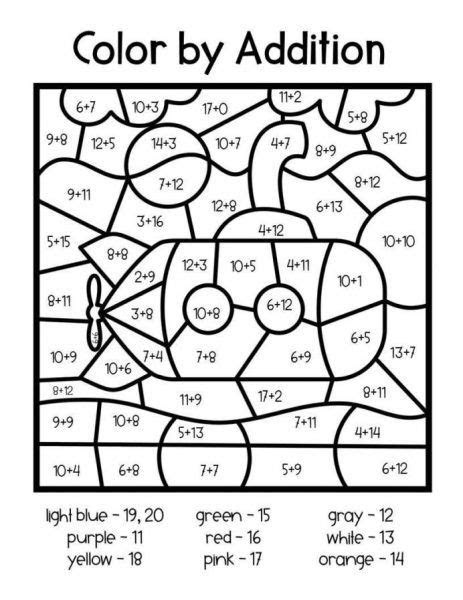 Addition color by number worksheets. free addition worksheets with coloring worksheet school in 2021 2nd