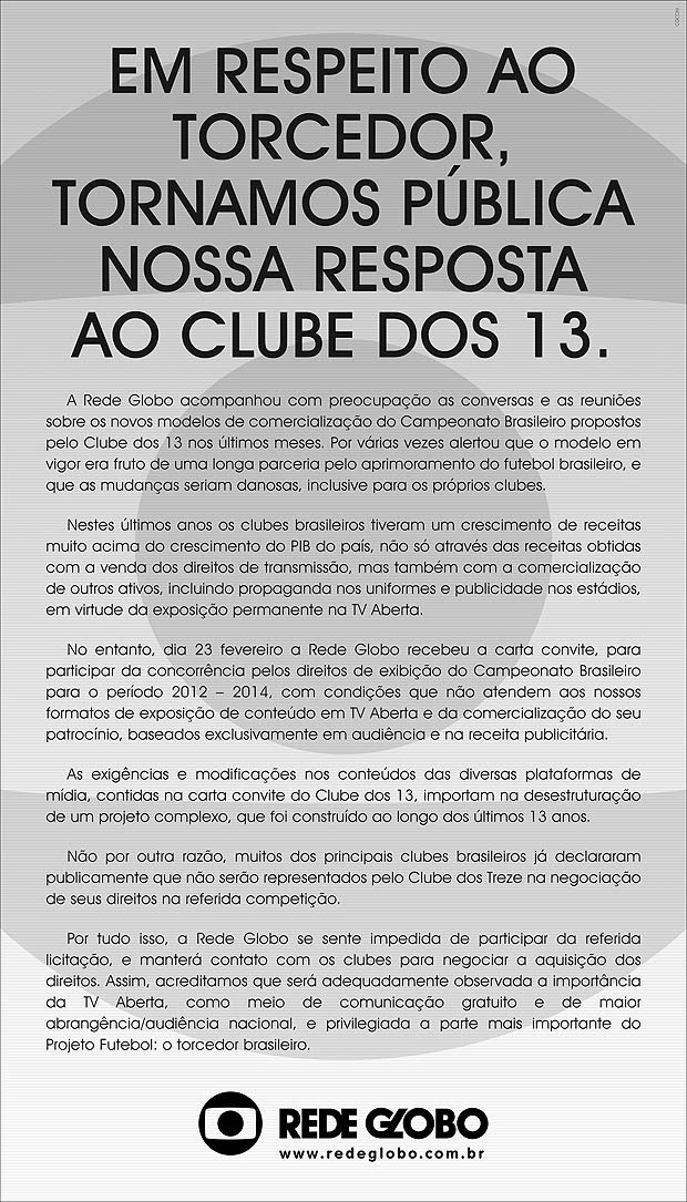 Anúncio Globo Clube dos 13 (Foto: Divulgação)