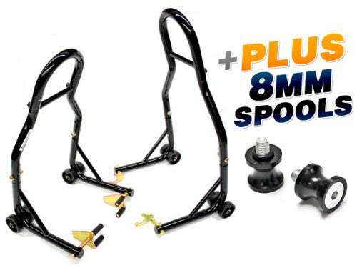 Sport Bike Venom Motorcycle Front & Rear Combo Wheel Lift Stands Fork & Swingarm Stands Paddock Stands + Low Profile 8mm Black Swingarm Spools (Fits Most Honda / Suzuki Bikes) On Sale