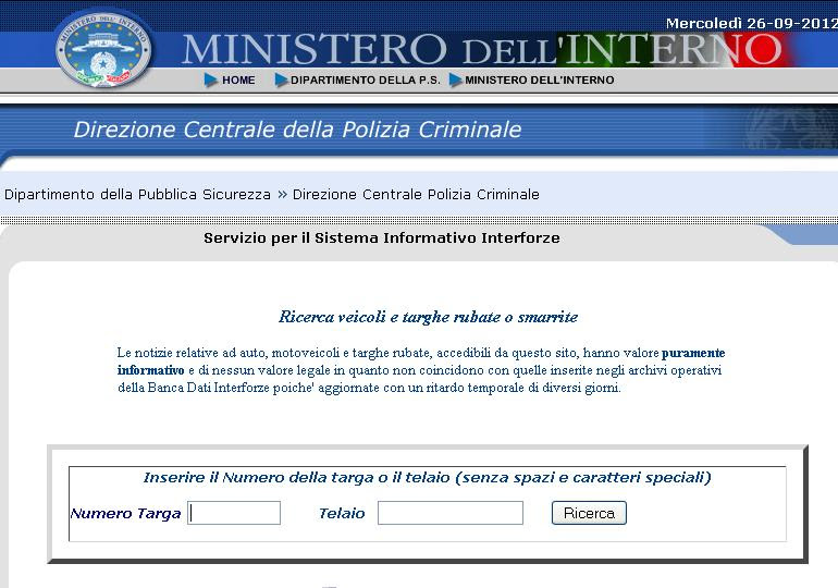 RICERCA VEICOLI E TARGHE RUBATE O SMARRITE