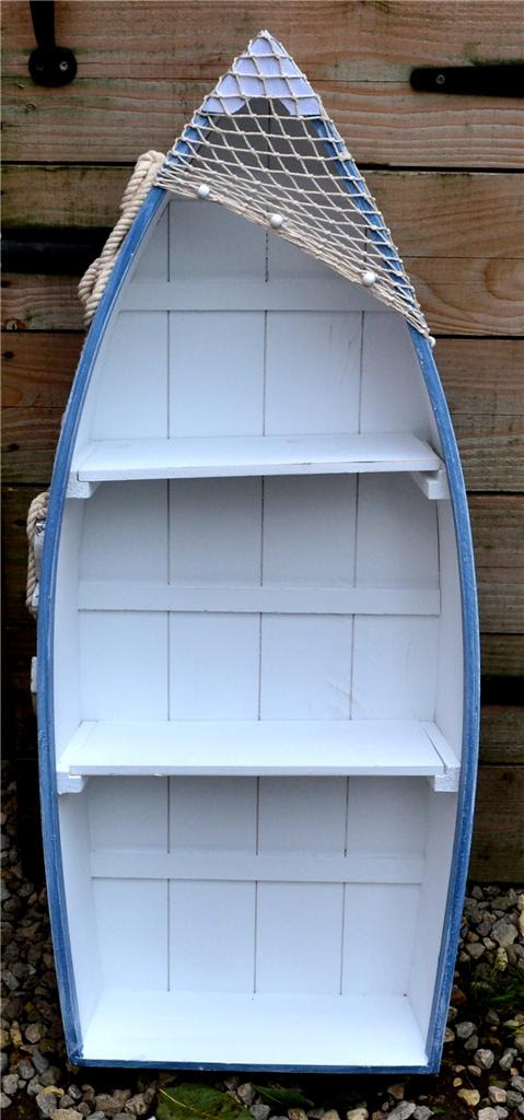 62cm WOODEN BLUE &amp; WHITE ROWING BOAT SHELVES Nautical ...