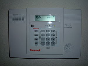 A Honeywell home alarm system control panel.