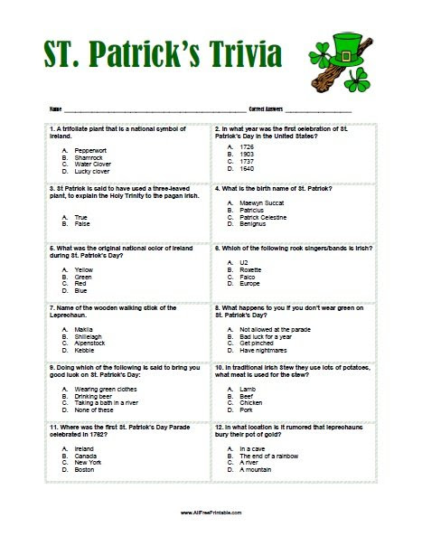 St Patrick S Day Trivia Free Printable