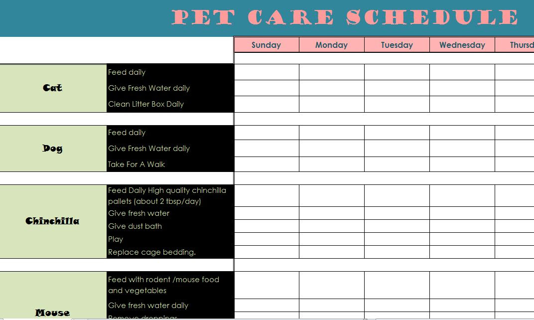 pet care schedule my excel templates