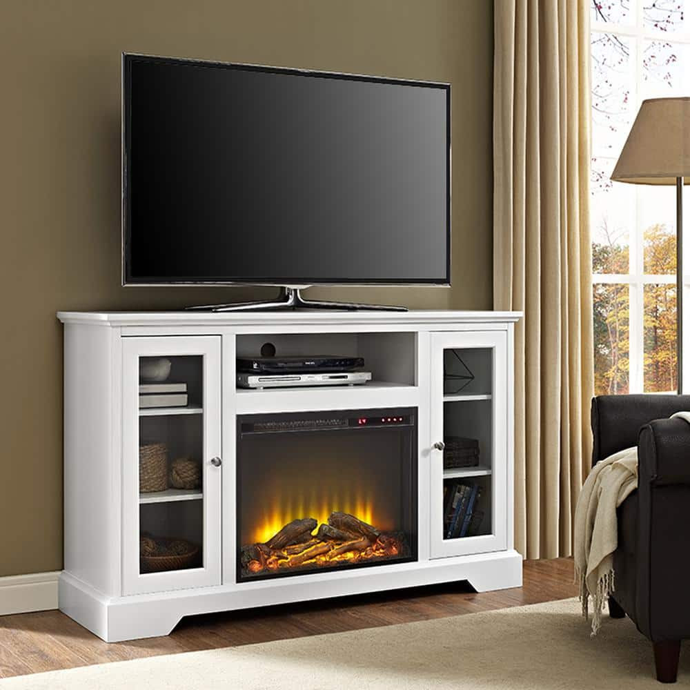Walker Edison Furniture Company 52 in. Highboy Fireplace Wood TV Stand Console  White 