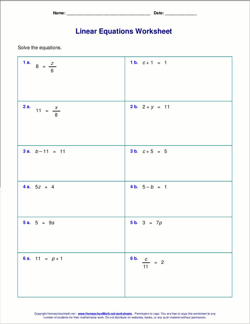 Free worksheets for linear equations grades 69, prealgebra, algebra 1