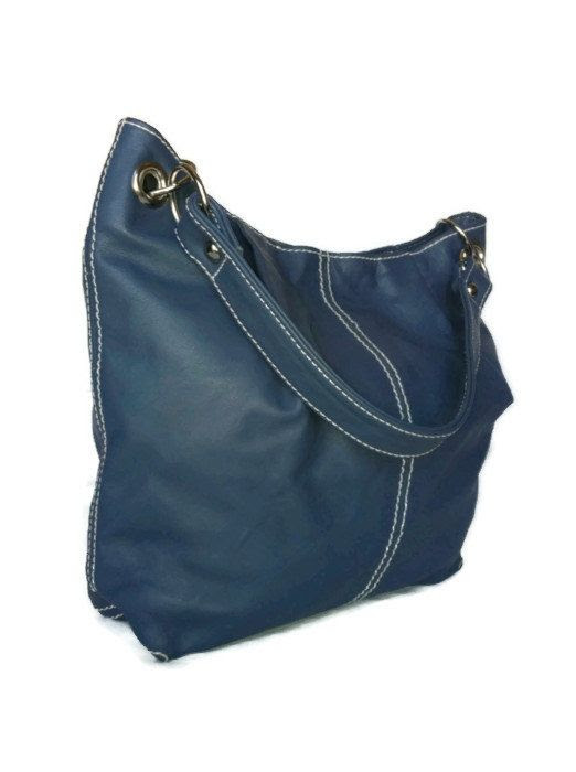 Genuine violet blue leather medium hobo purse bag handbag handmade ...