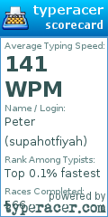 TypeRacer.com scorecard for user supahotfiyah
