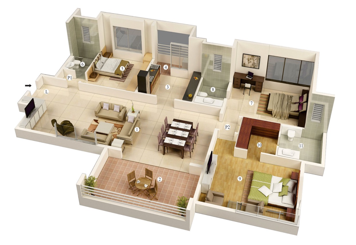 25 More 3 Bedroom 3D Floor Plans
