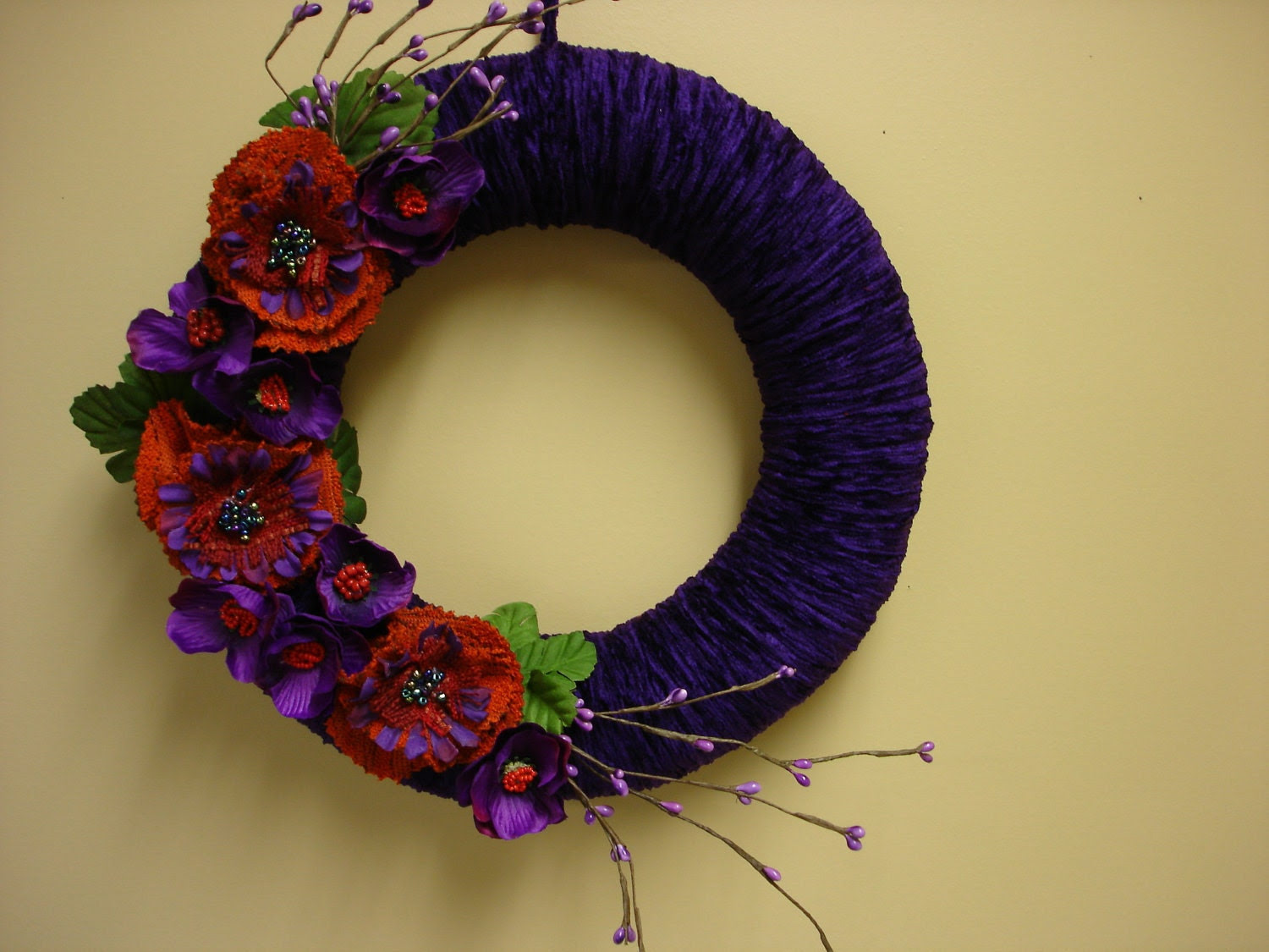 Autumn fall  wreath, velvet yarn wreath with fabric flowers...