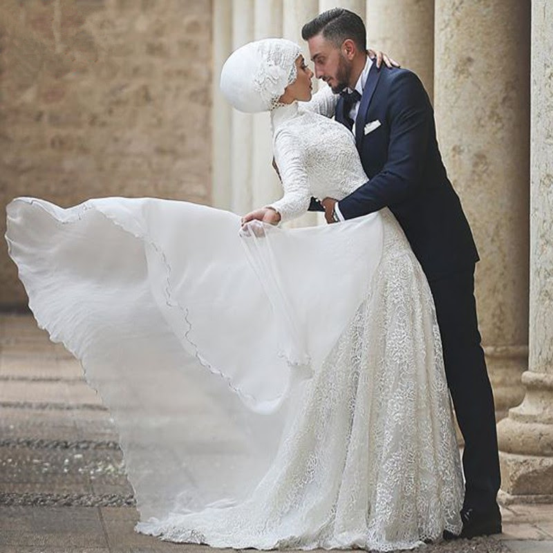 Fashion High Collar Lace Muslim Wedding Dress 2022 A Line Fashion High Collar Lace Muslim Wedding Dress 2022 A Line