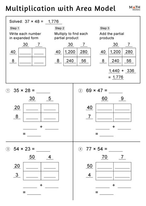  area model multiplication worksheets math monks two by two area
