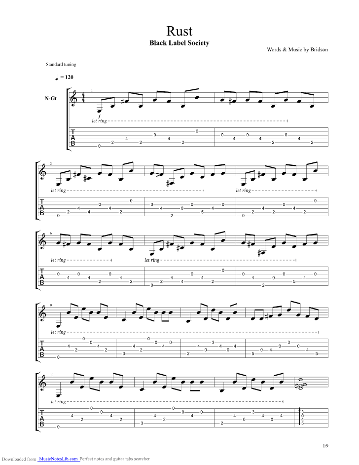 Rust guitar pro tab by Black Label Society @ musicnoteslib.com