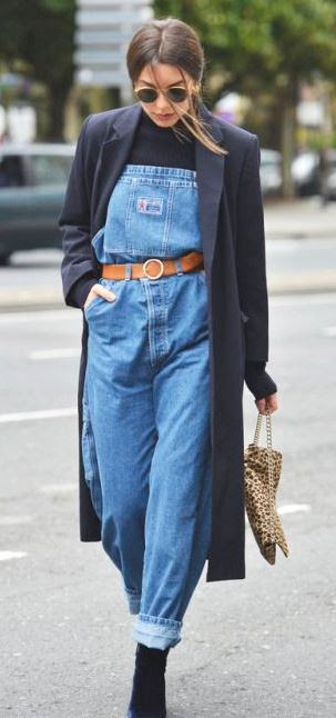 street style obsession / coat + denim jumpsuit + boots + top + bag