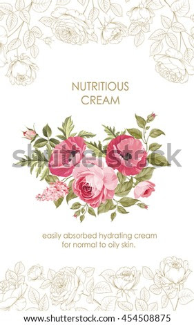 Flower garland for label design. Regenerate cream with flowers. Concept for skin care cosmetic. Vector illustration.