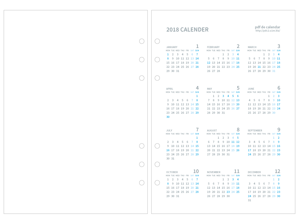 A5 001 月曜始まりカレンダー A5 Cal Mon 12m
