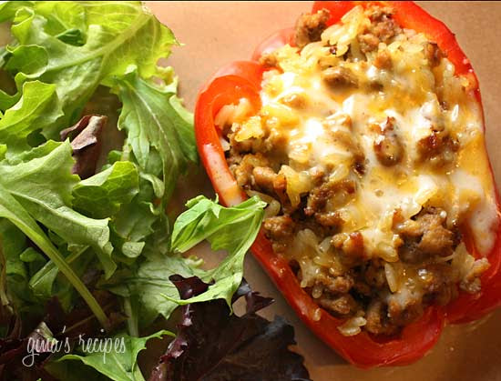 Delicious peppers stuffed with ground turkey and brown rice, seasoned with cumin, cilantro and spices then baked and topped with cheese are one of my favorites!