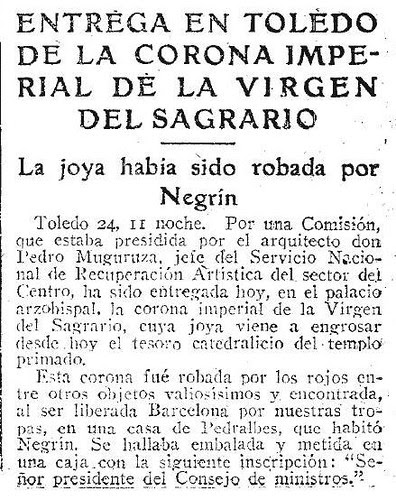 Noticia de la entrega de la Corona de la Virgen del Sagrario. Abc 25 agosto 1939