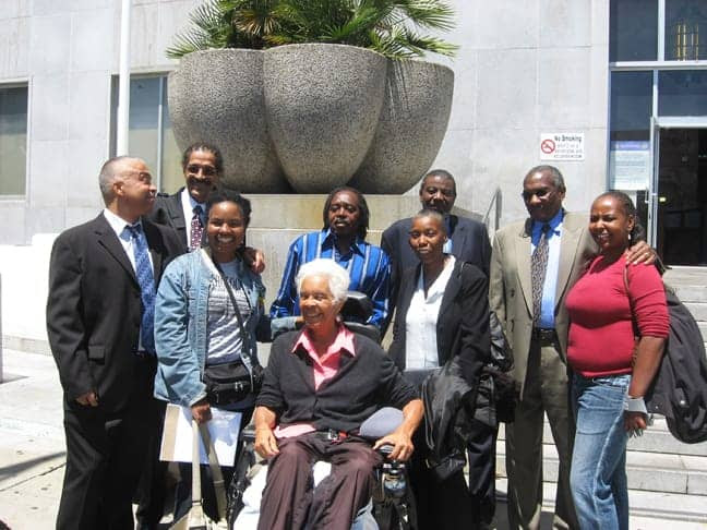 Francisco Torres, Ray Boudreaux, Richard Brown, Harold Taylor and Hank Jones of the SF 8 and supporters Wanda Sabir, Kiilu Nyasha, Soffiyah Elijah and Nadra Foster emerge from the courthouse Monday, July 6, after hearing the prosecution admit there is insufficient evidence to sustain nearly all the charges. – Photo: Wanda Sabir