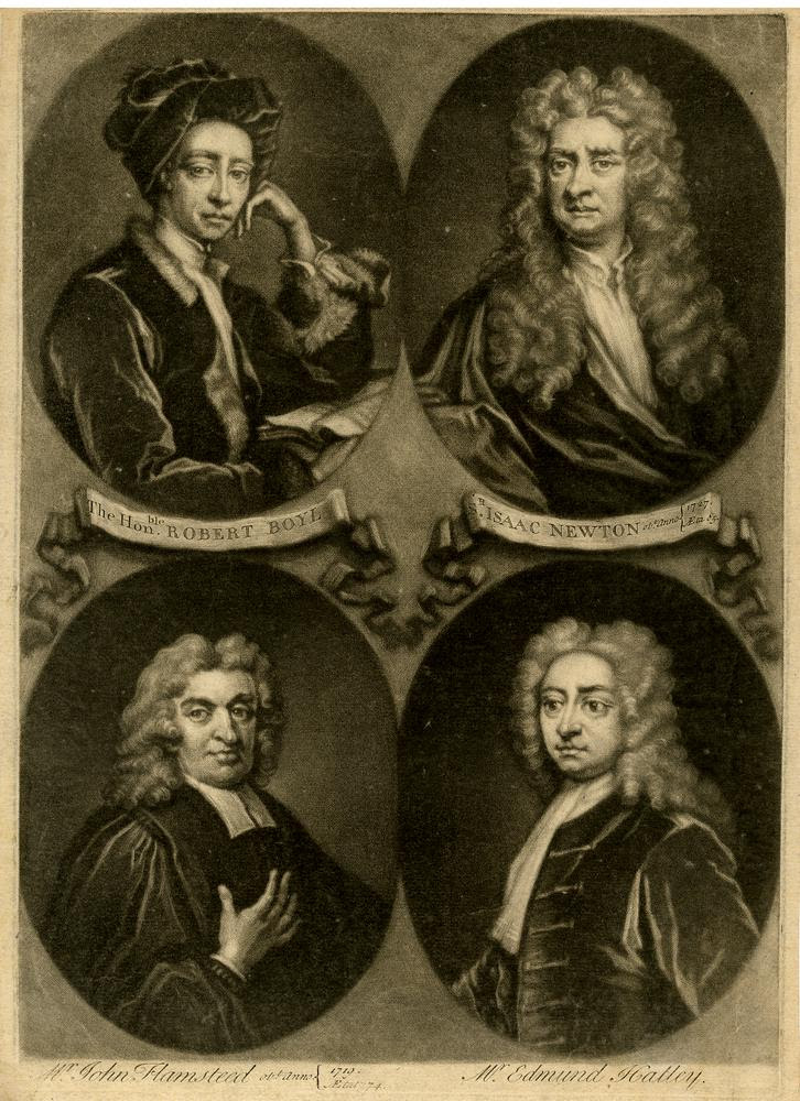 Four oval portraits with names, dates of death and age on scrolls under the upper pair and on inscription space under the lower pair; portrait of Boyle: directed to right, looking to front; portrait of Newton: directed towards right, looking to front, wig; portrait of Flamstead: directed towards right, looking to front, black gown, bands; portrait of Halley: directed towards left, looking to front; before division into separate portraits and letters erased  Mezzotint