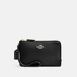 DOUBLE CORNER ZIP WALLET IN POLISHED PEBBLE LEATHER - COACH f87590 - IMITATION GOLD/BLACK