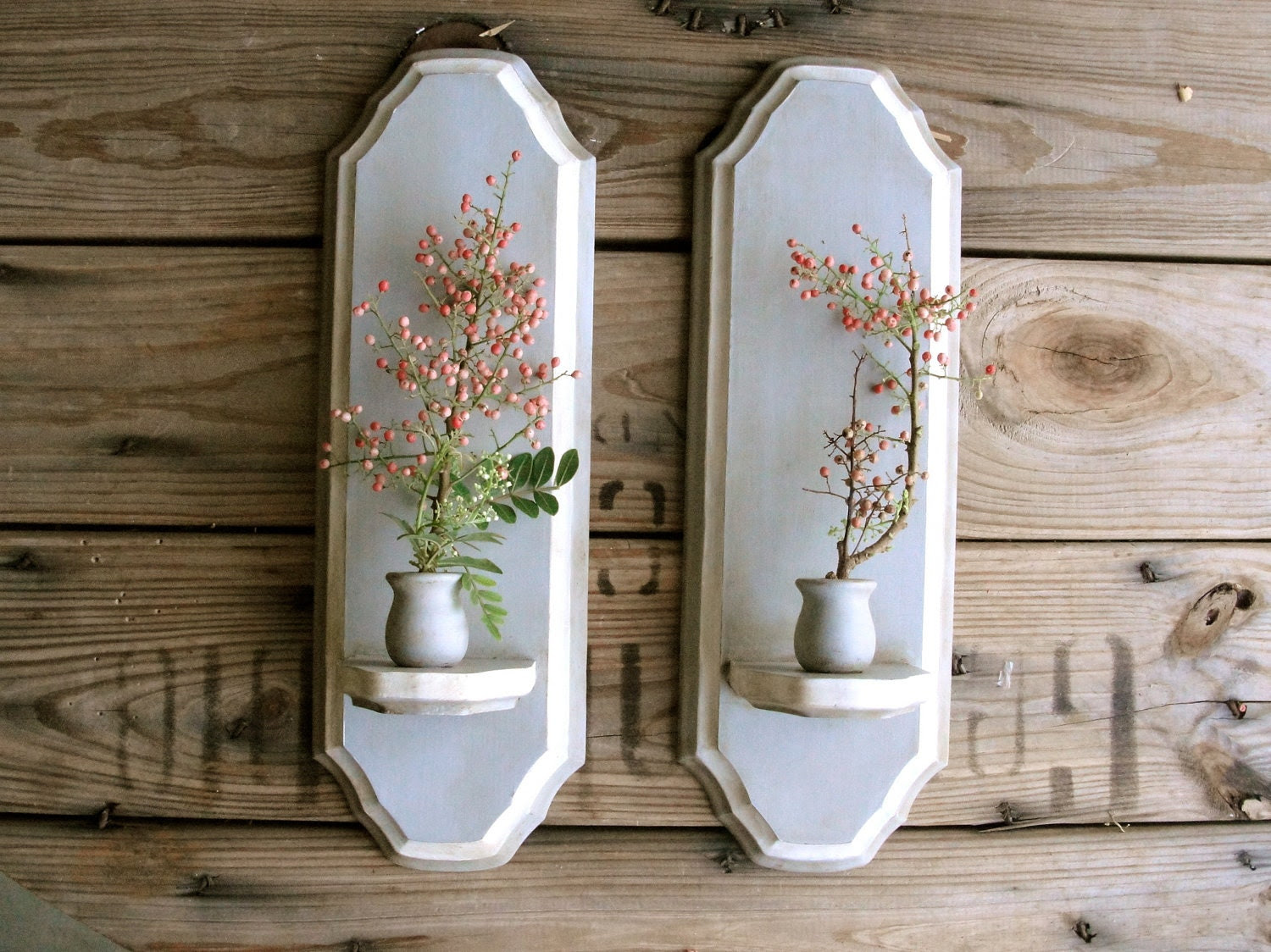wall sconces pair of upcycled wood candle holders by paperjar