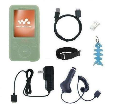 7 Items Accessory Combo Kit for Sony Walkman NWZ E438 / E438F Series: Includes Green Slicone Skin Case Cover, Armband, Belt Clip, Home / Travel Charger, Car Charger, USB 2in1 Data Sync Cable and Light Blue Fishbone Style Keychain