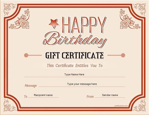  a birthday gift certificate is shown in red and beige colors with the