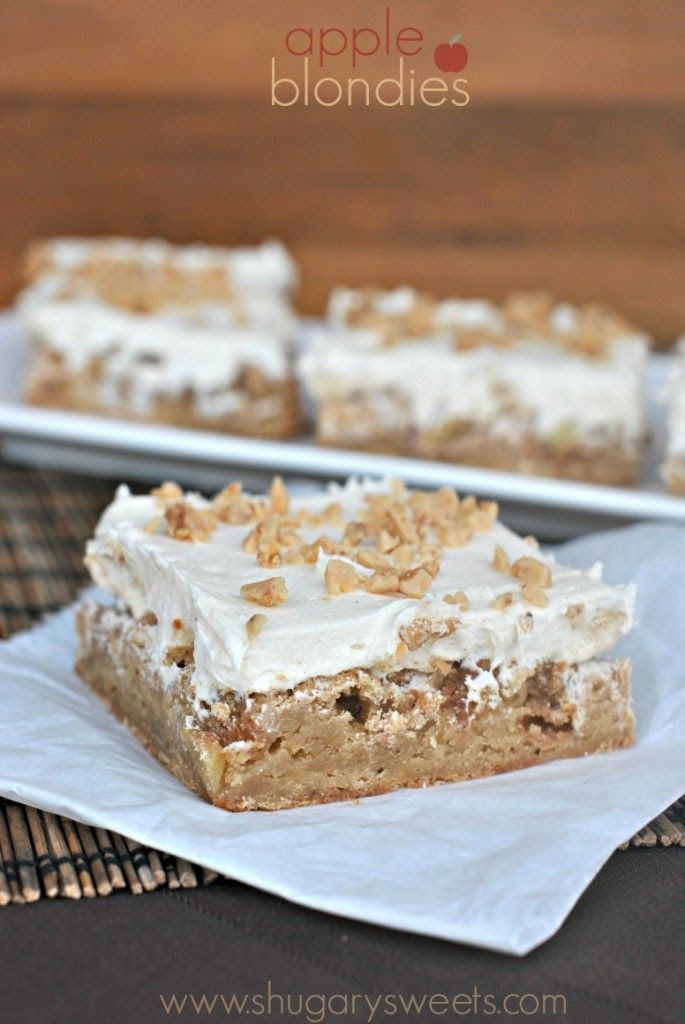 Apple Blondies: Chewy apple blondies topped with a caramel buttercream and toffee bits
