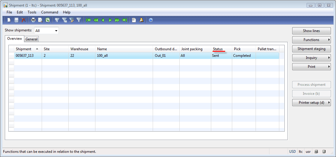 Shipment form. Sent status.